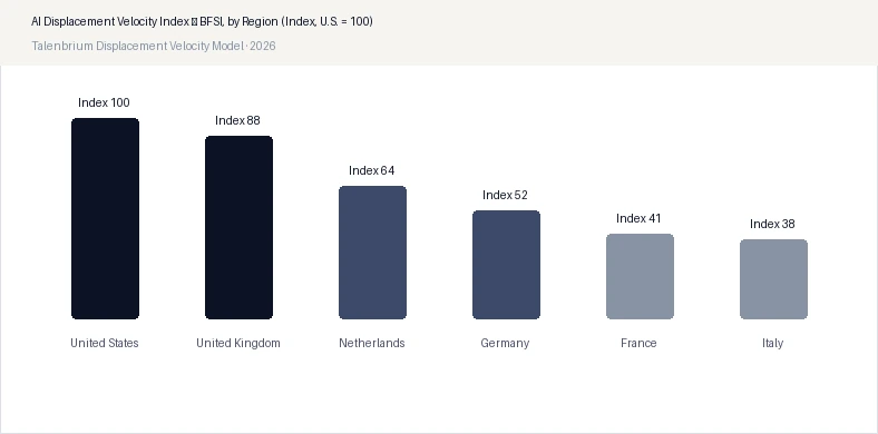 AI Displacement Velocity Index — BFSI, by Region (Index, U.S. = 100)